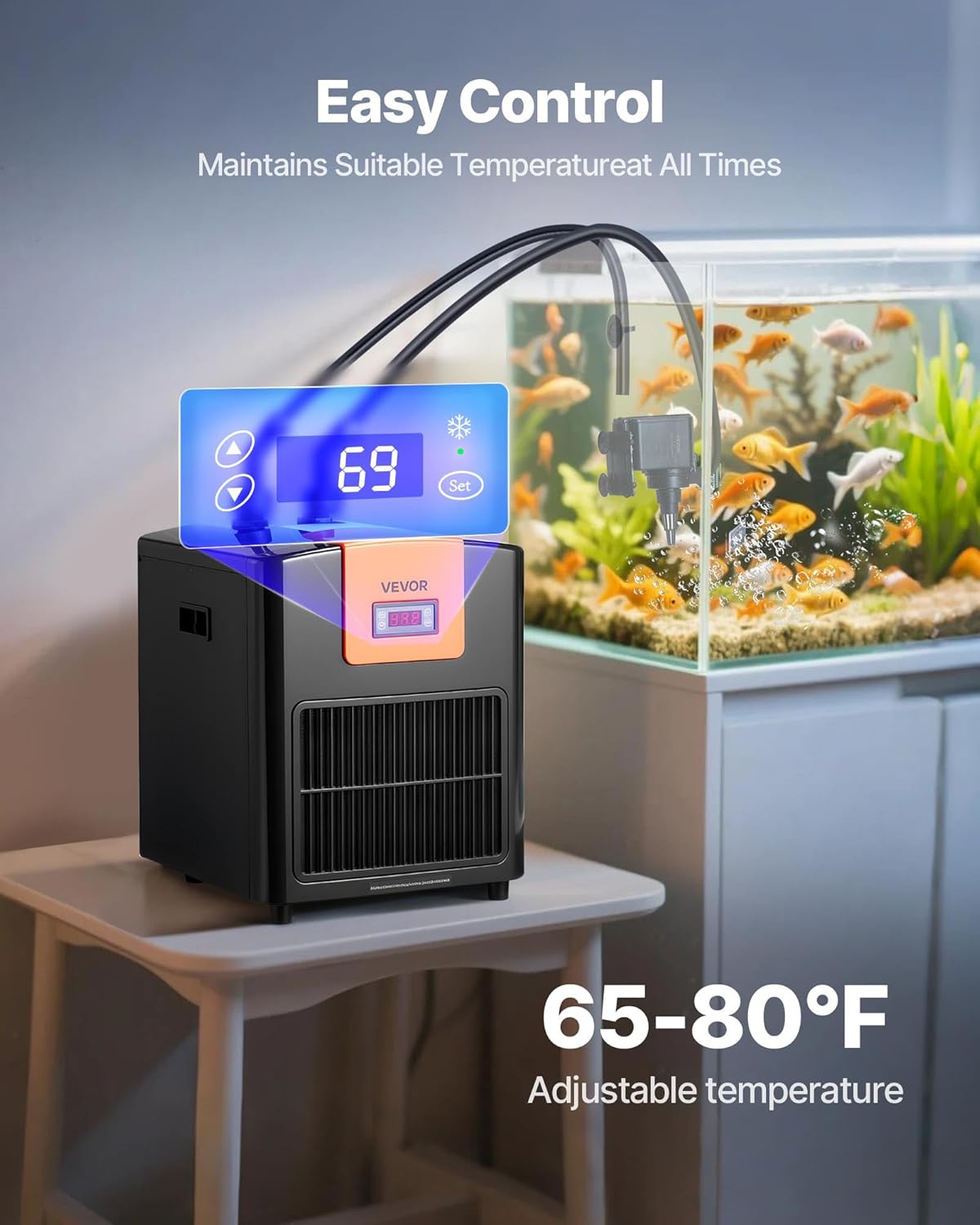 VEVOR Aquarium Chiller 92 Gallon, 1/4 HP Water Chiller for Hydroponics, Fast Cooling for Fish Tank,Axolotl,Coral Reef,Quiet Refrigeration Compressor, Titanium Evaporator,Complete Fittings