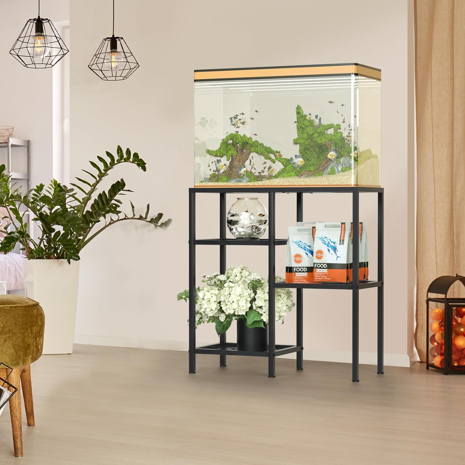 YBING Fish Tank Stand 20 Gallon Aquarium Stand Aquarium Turtle Tank Reptile Tank Stand with 3-Tier Small Metal Shelf Black