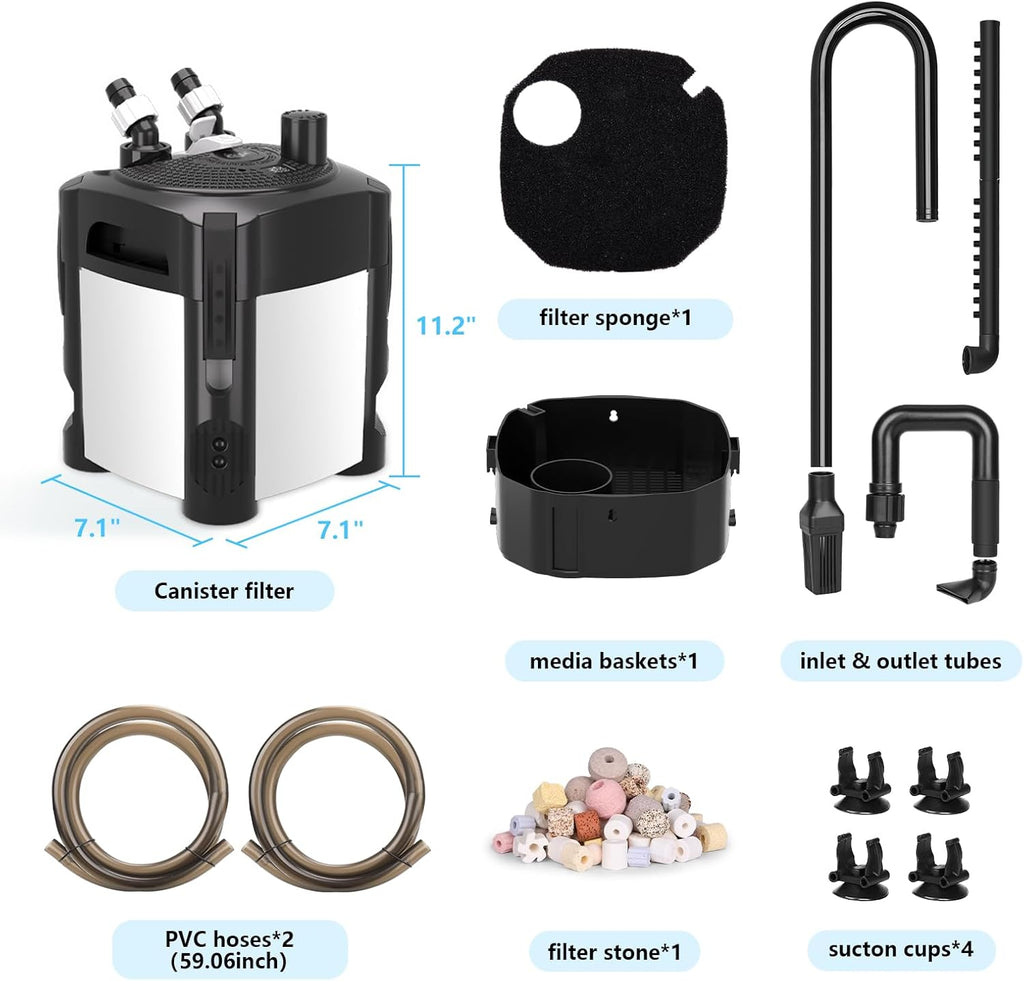 AQQA 317GPH Canister Filter, Ultra-Quiet External Aquarium Canister Filters, 3 Stage Filtration Aquarium Filter with Quartz Balls and Filter Cotton for Fish Tanks and Aquariums Up to 65 Gallon 18W