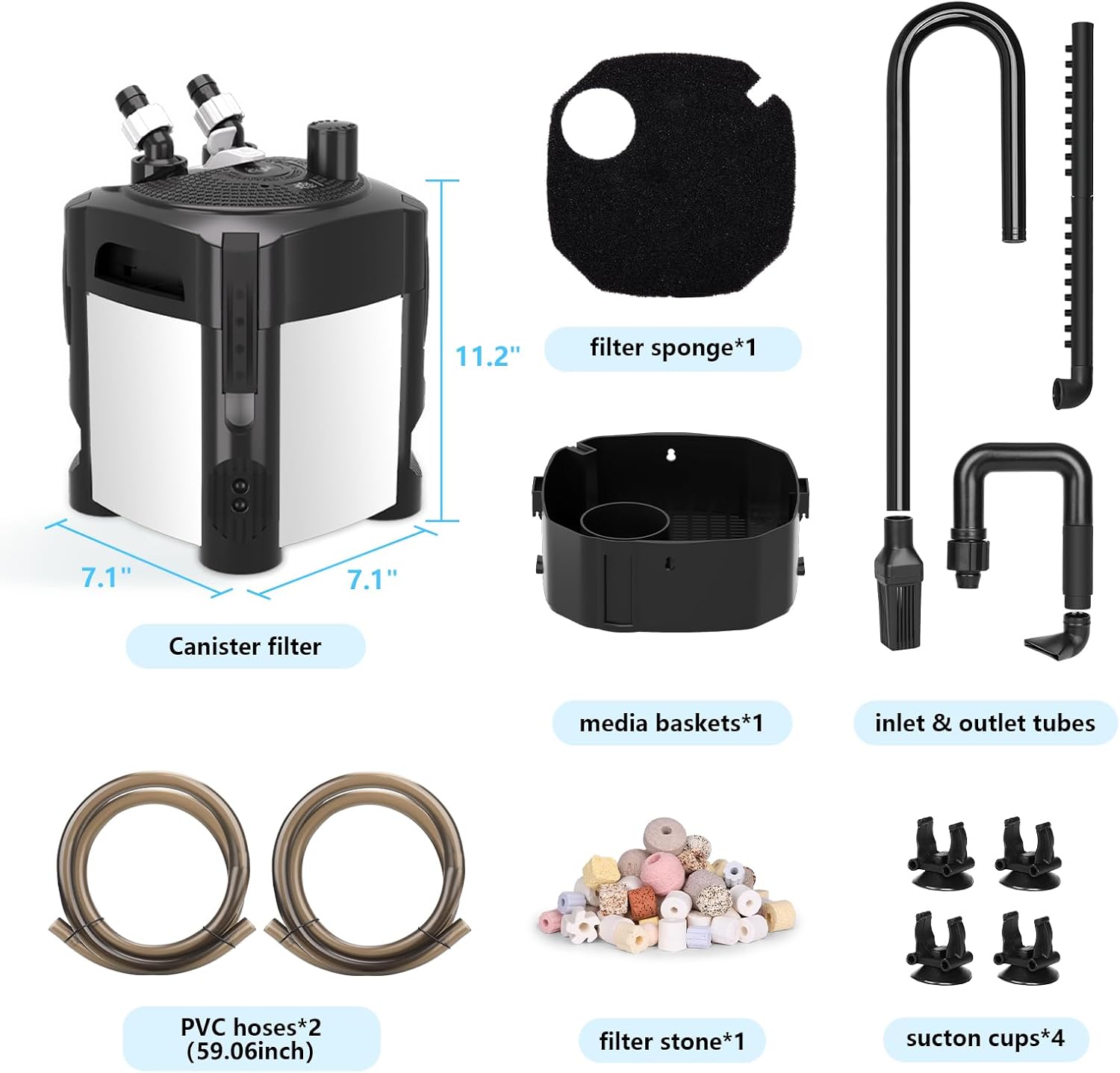 AQQA 317GPH Canister Filter, Ultra-Quiet External Aquarium Canister Filters, 3 Stage Filtration Aquarium Filter with Quartz Balls and Filter Cotton for Fish Tanks and Aquariums Up to 65 Gallon 18W