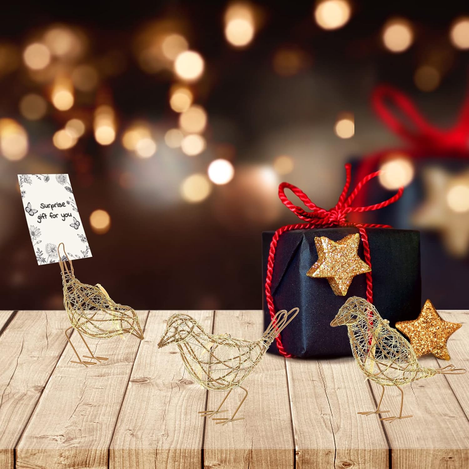 Artisan Bird Statues Trio - Christmas Ornament - Table Decor Handmade Gold-Wire Woven - Modern Farmhouse Shelf Decor with Hanging Chain, Multi-Pose Metal Bird Figurines for Home Office