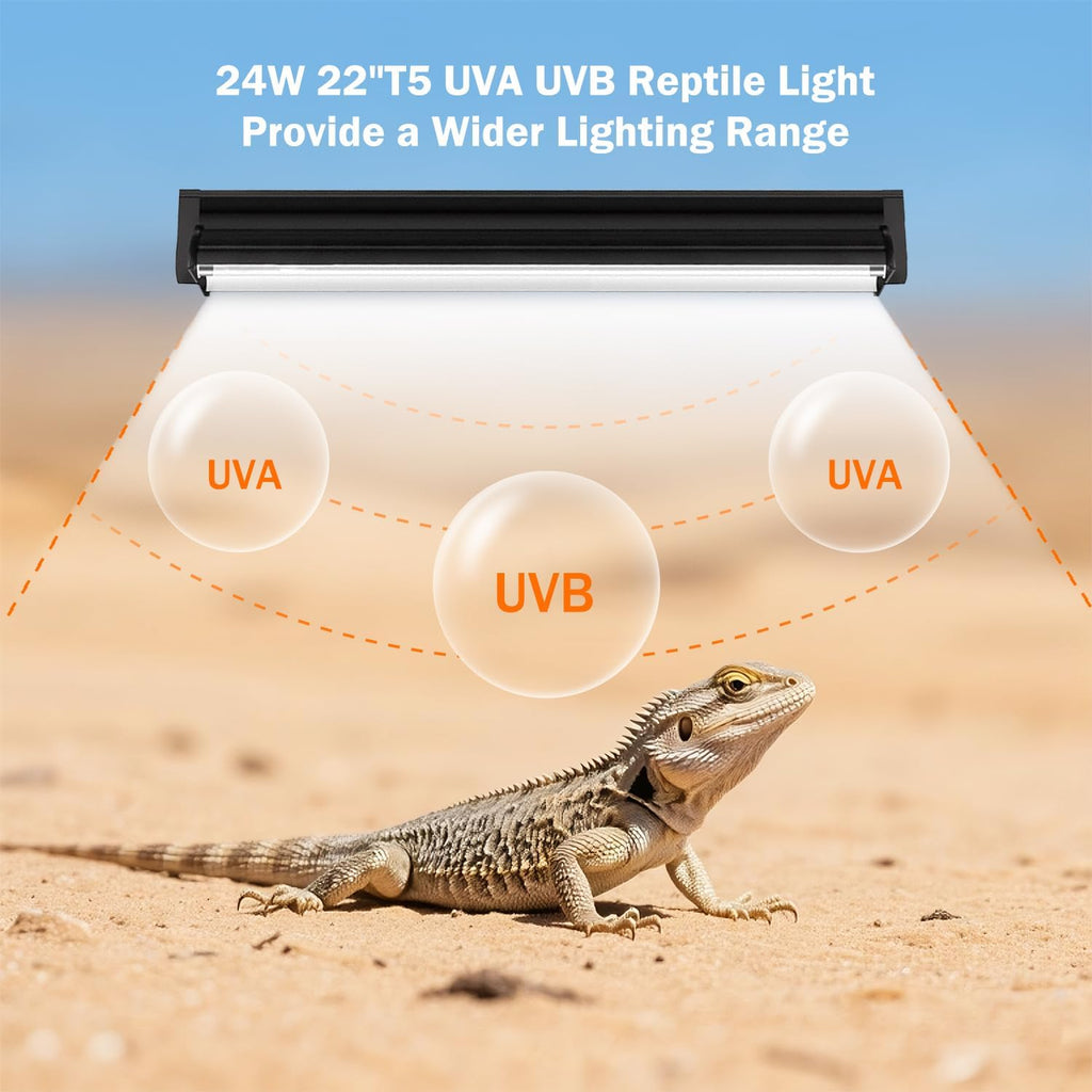 T5 10.0 UVB Reptile Light Fixture, T5 UVA UVB Light Tube Lamp Blub 24W 22" for Bearded Dragon, Tortoise,Desert Lizards,Leopard Gecko,Reptile & Amphibian Lamp