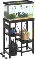 Bestier 10 Gallon Fish Tank Stand with Power Outlet, 20.3x10.6 Metal Aquarium Stand with Filter Storage, 6-Leg Reptile Tank Stand with 3-Tier Adjustable Storage Shelves, 264LBS Capacity，Black Oak