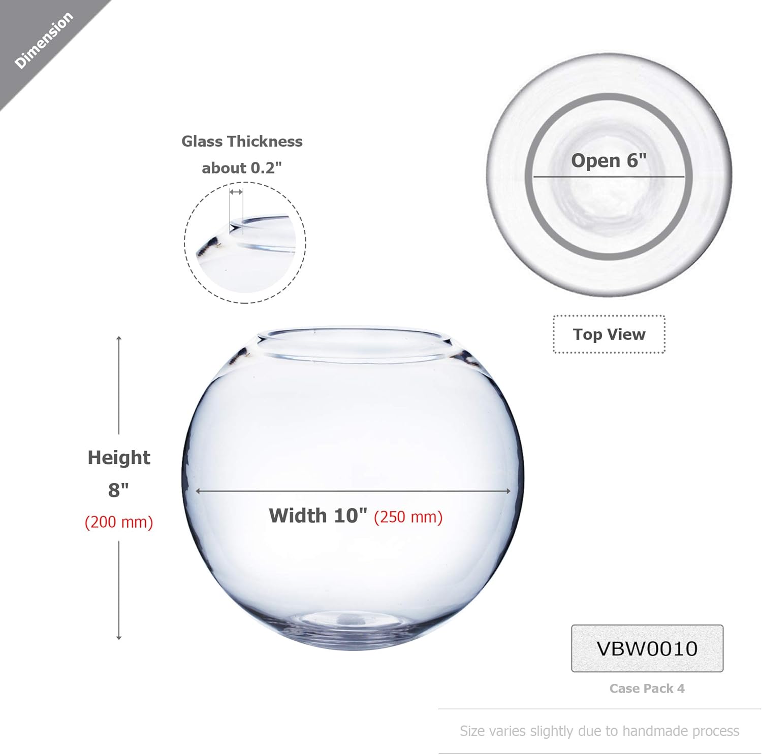 WGV Bowl Glass Vase Bulk, Diameter 10", Height 8", Open Width 6", (Multiple Sizes Choices) Clear Bubble Planter Terrarium Fish Bowl for Wedding Event Home Decor, 4 Pieces (VBW0010)