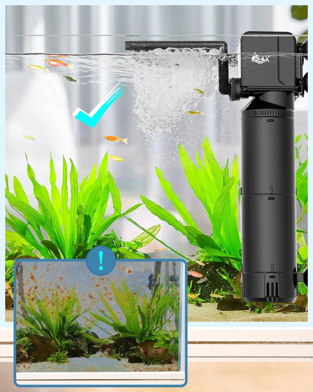 AQQA Dual-Stage Aquarium Filter with Bio Ceramic Balls & Activated Carbon, Adjustable Wave Maker or Rainfall Outlet for Oxygenation, Water Circulation & Clear Water, for Freshwater & Saltwater Tanks