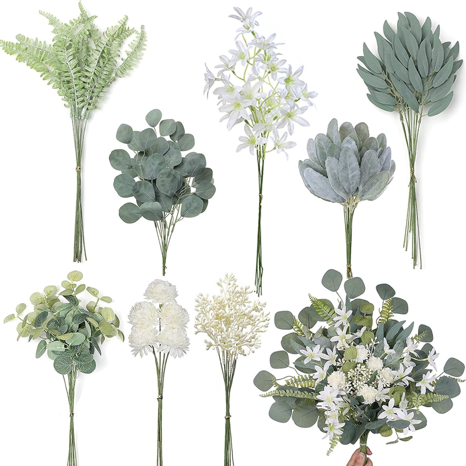 VIERENA Artificial Greenery Stems Box Set(Pack of 65pcs) with 8 Kinds of Faux Plants and Fake Flowers for DIY Wedding Bouquet Table Centerpieces and Floral Arrangement (Beige&Dusty Green)