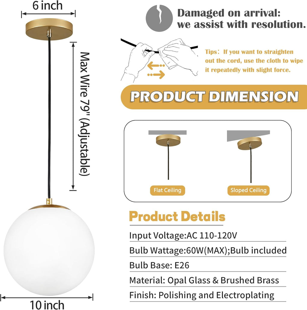 KoKo&Yukina 10" Globe Pendant Light Gold Mid Century Pendant Light Glass Globe Mid Century Modern Light Fixture Brushed Brass Finished with Milk Glass Lampshade for Dining Room Bedroom