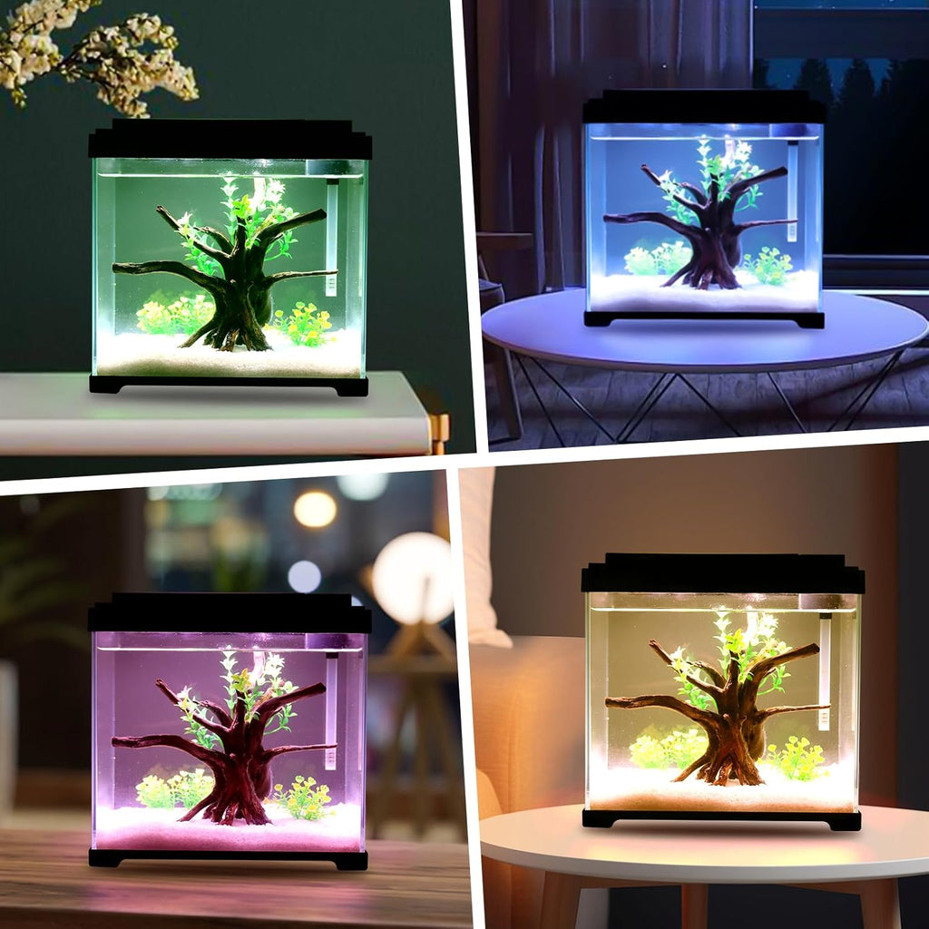 AQQA 2.4 Gallon Glass Aquarium Tank Kit with LED Lights & Quiet Filter –USB Self-Cleaning All-in-One Fish Tank, ABS Cover, 4 Light Modes, Built-in Feeding Hole – Perfect for Betta, Small Fish Black