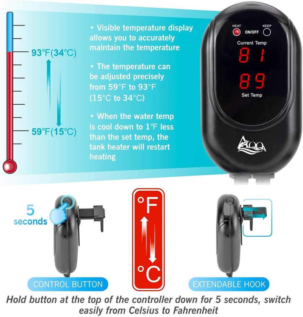 AQQA Aquarium Heater 200W for 45-80 Gallon Submersible Fish Tank Heater for Aquarium Betta Fish Heater Aquarium Thermostat Heater Freshwater and Saltwater (200W for 45-80 Gal)