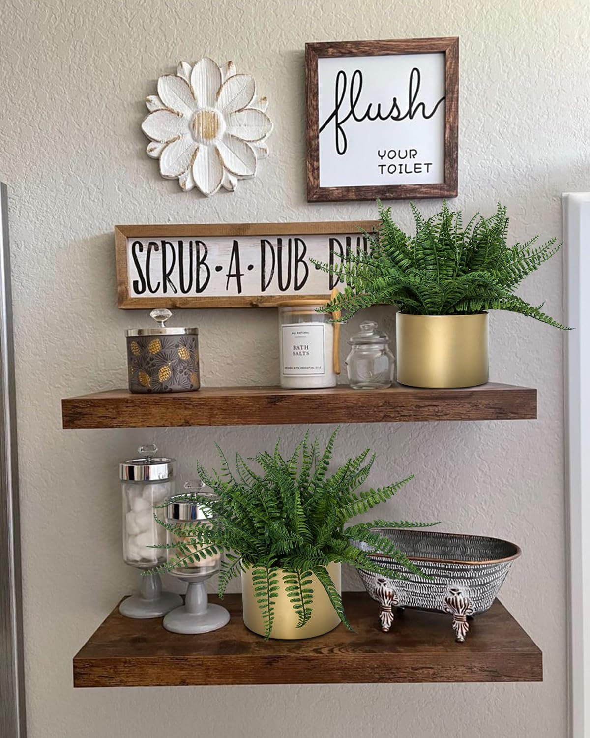 13.5" Small Fake Plant Fern Potted Artificial Plants Fake Fern for Shelf Home Bathroom Office Decor(Gold Mental Pot)