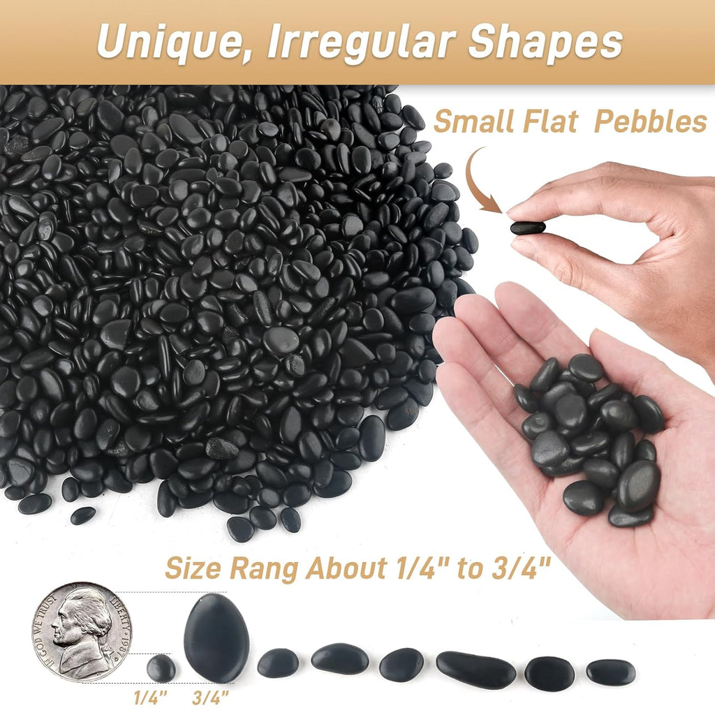 45LB Polished Black Pebbles,1/4" - 3/4" Small Black River Rocks for Landscaping, Natural Gravel Smooth Decorative Stones Dressing for Vases Planters Garden Outdoor Indoor