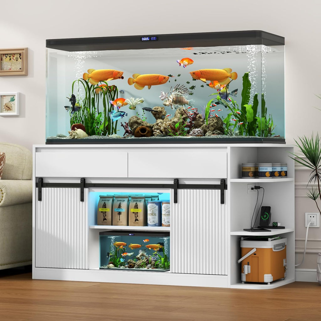 75-120 Fish Tank Stand with Power Outlets, Heavy Duty Aquarium Stand with LED Lights and Sliding Fluted Doors, White Storage Cabinet with 2 Large Drawers for Fish Tank, 1000 LBS Capacity