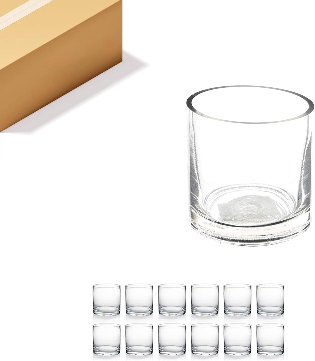 WGVI WGV Cylinder Vase Bulk, 3" W x 3" H, Clear Glass Candle Holder Bud Floral Container Planter Terrarium for Wedding Party Flowers Centerpieces and Home Office Decor, 12 Pieces
