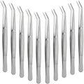 Honoson 10 Pcs Stainless Steel Tweezers for Crafting with Curved Serrated Tip Multipurpose Forceps Sewing Machine Tweezers Bulk (Silver)