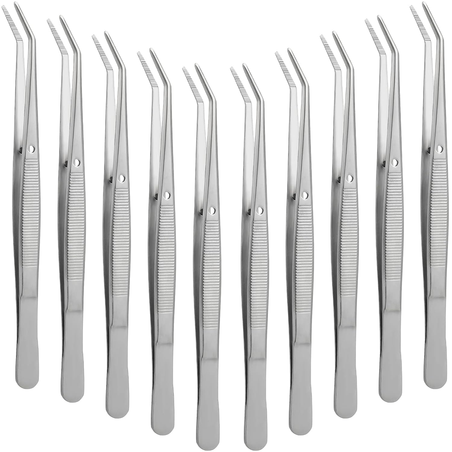 Honoson 10 Pcs Stainless Steel Tweezers for Crafting with Curved Serrated Tip Multipurpose Forceps Sewing Machine Tweezers Bulk (Silver)
