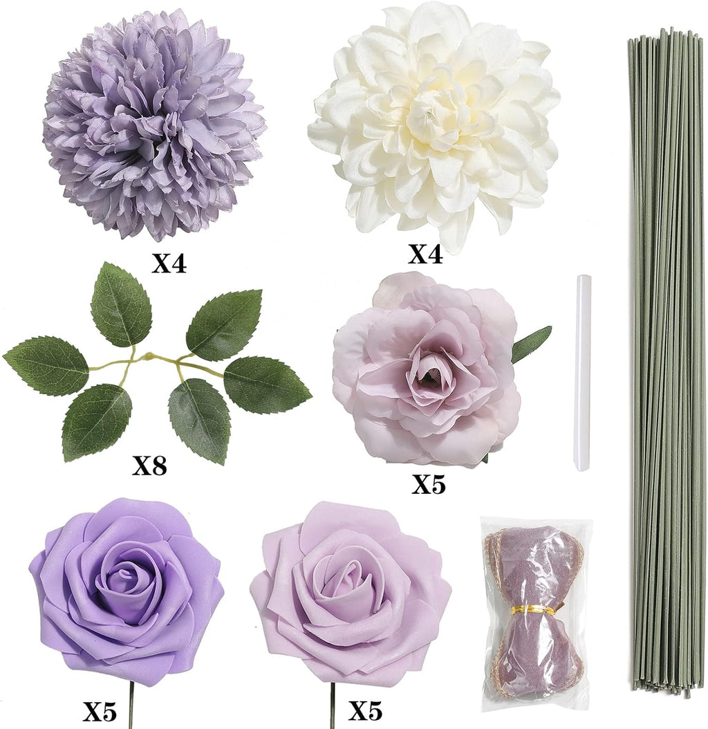 Artificial Flowers Combo Box Set Gradient Color Flower Leaf with Stems for DIY Wedding Bouquets Centerpieces Baby Shower Party Home Decor (Gradient Purple)
