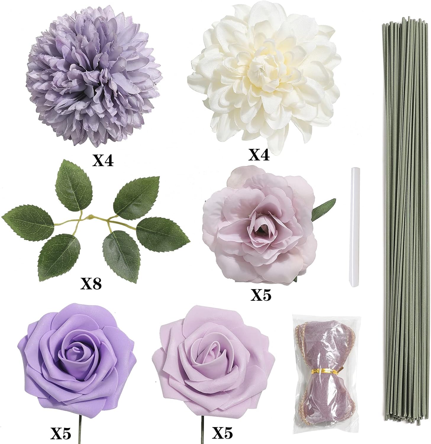 Artificial Flowers Combo Box Set Gradient Color Flower Leaf with Stems for DIY Wedding Bouquets Centerpieces Baby Shower Party Home Decor (Gradient Purple)