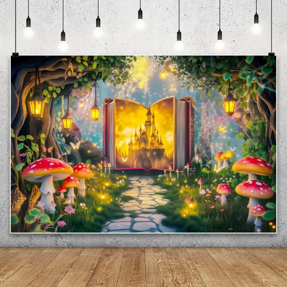 AOFOTO 9x6ft Fairy Tale Castle Books Photography Backdrop Wonderland Tree House Mushroom Butterfly Magic Story Book Background Girls Princess Kids Birthday Party Decoration Photo Banner Props