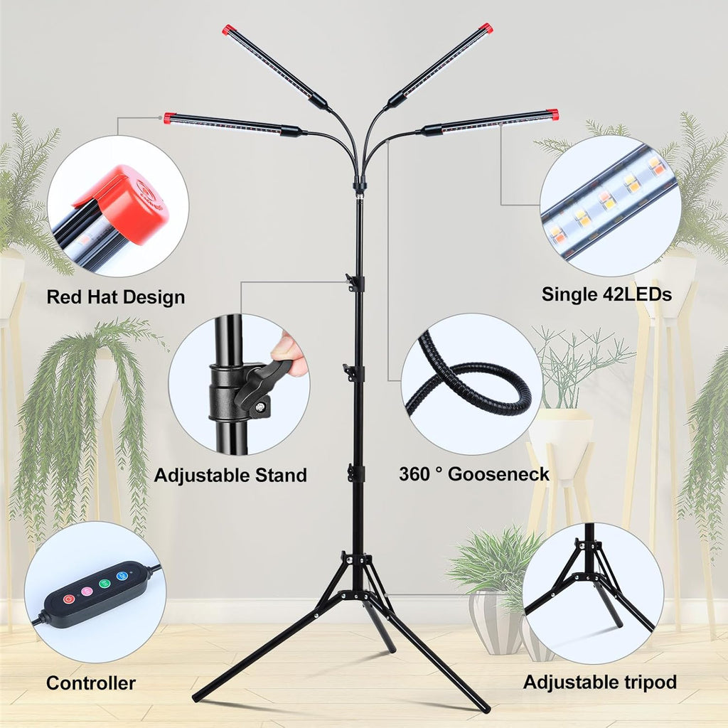4Head Grow Lights for Indoor Plants, Seed Starting, Vegetables, Bonsai with Tripod Stand and Auto On/Off Timer 4/8/12H, 36W Power Full Spectrum Standing LED Plant Growing Lamps, 360° Gooseneck