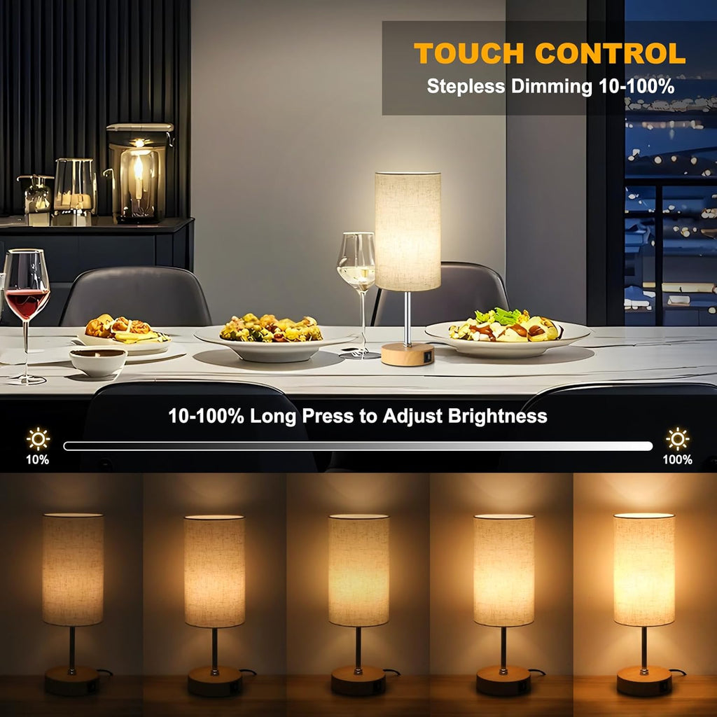Unicozin Small Table Lamp, 3CCT & 7 RGB Color Changing, Dimmable Nightstand Lamp with Wood Grain Base, Touch Bedsides Lamp for Bedroom, Office, Kids Room, Nursery, Party, Beige Shade