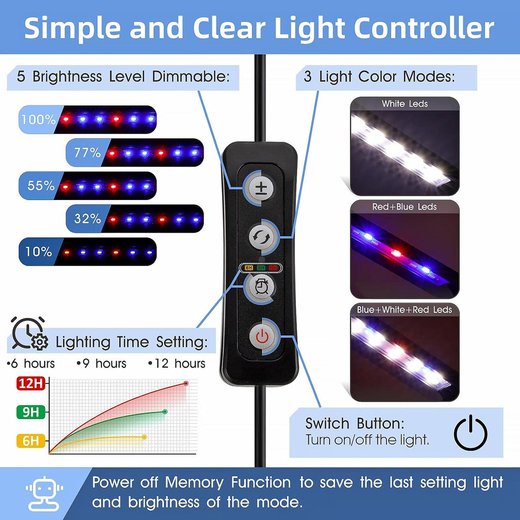 hygger 5-10 Gallon Nano Tank Mini Clip-on Aquarium Light with White Blue Red LEDs Fish Tank Lighting Built-in Timer 5 Brightness Levels 9W