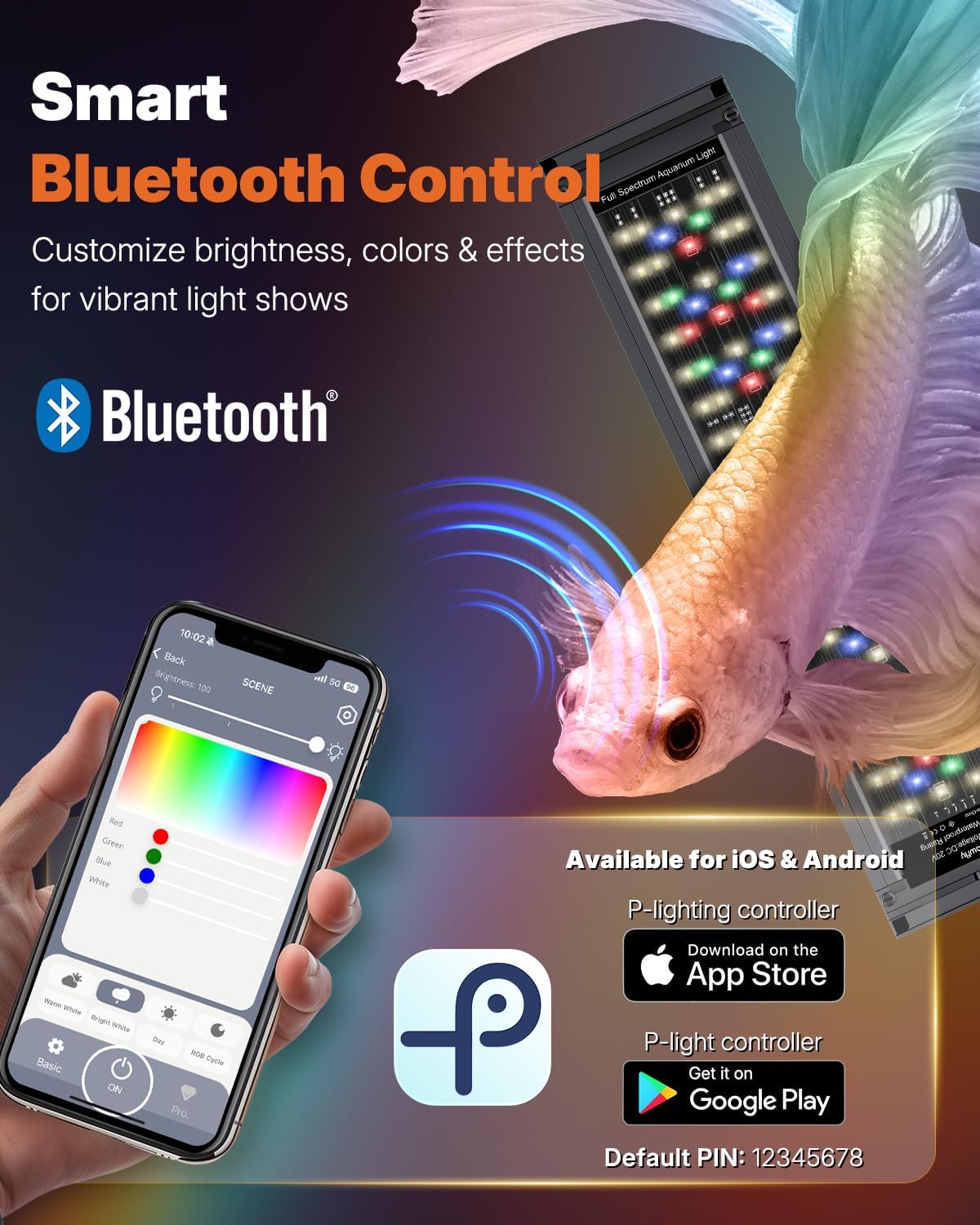 Pawfly Aquarium Light for Plants, 20 W Bluetooth Fish Tank Light, Full Spectrum Aquarium Lights for 18"-24" Fish Tanks, Extendable 24/7 LED Lights with Timer Modes & Adjustable Brightness