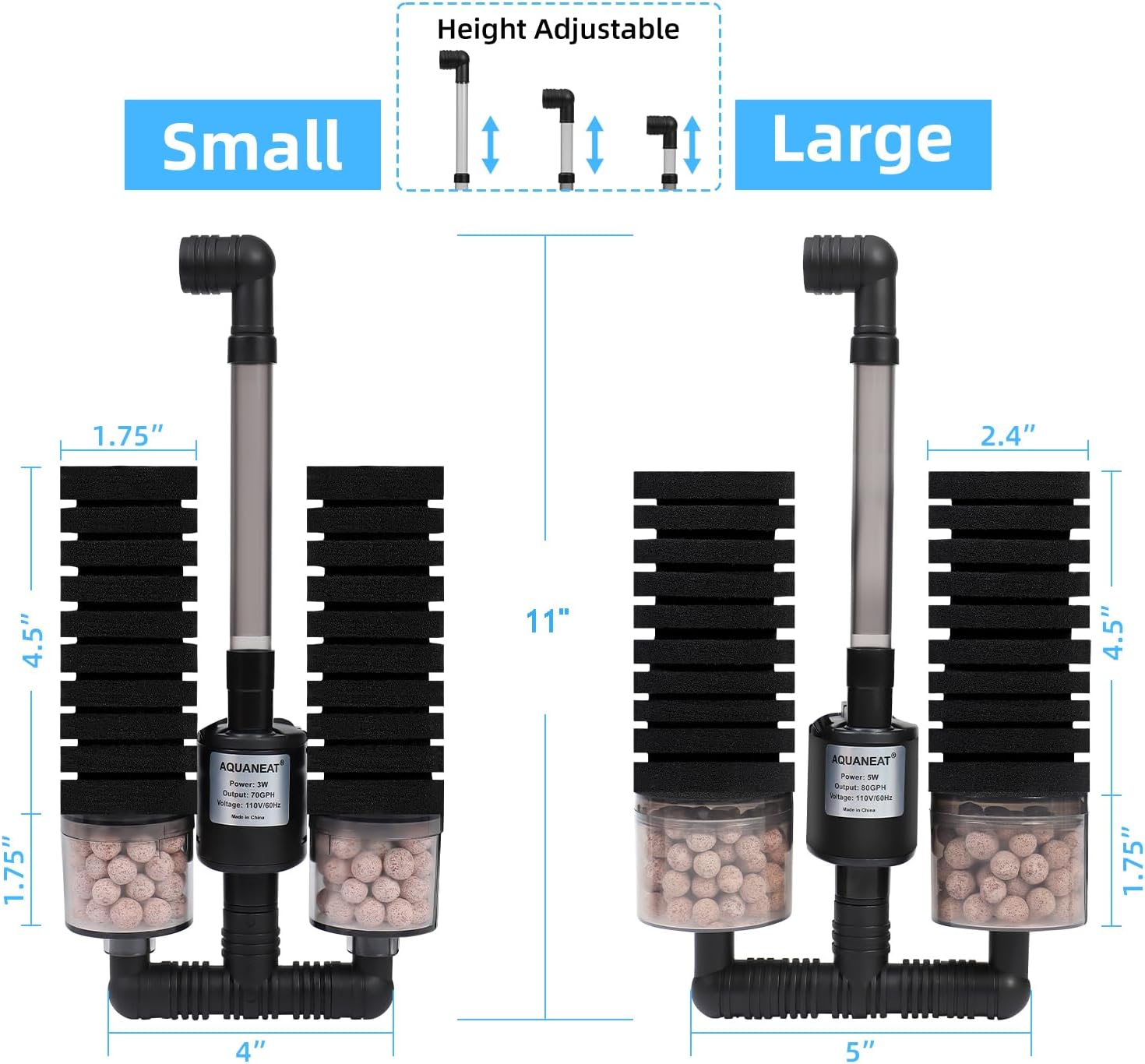 AQUANEAT Aquarium Electric Sponge Filter for Fish Tank, with Pump, with 2 Extra Sponges, Large up to 55Gal