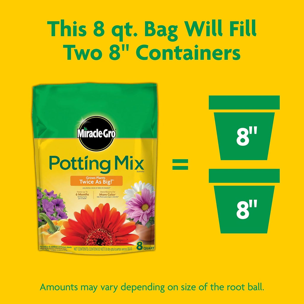 Miracle-Gro Potting Mix, For Indoor or Outdoor Potted Plants, Flowers, Vegetables, Shrubs, Annuals, and Perennials, Feeds Up to 6 Months, 8 qt.