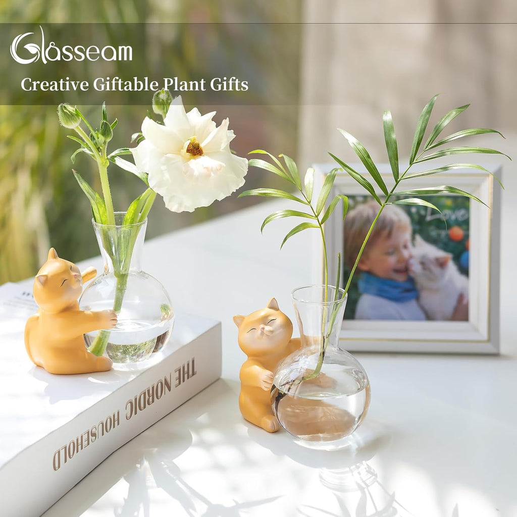 Plant Propagation Stations with Cat Statue: Glasseam Propagation Vases for Plants - Creative Animal Hydroponic Terrarium for Home Decor - Fun Propagation Jars Gifts for Women Plant Lovers Cat Parents