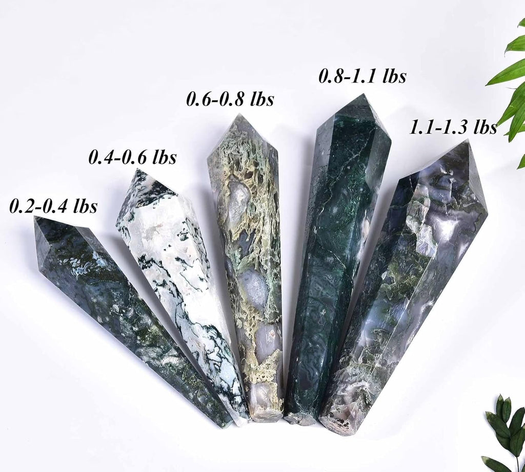 Moss Agate Wand Point Long Healing Crystal Scepter Decorative Stone Reiki Meditation with Display Stand Home Office Decor 0.8-1.1LBS