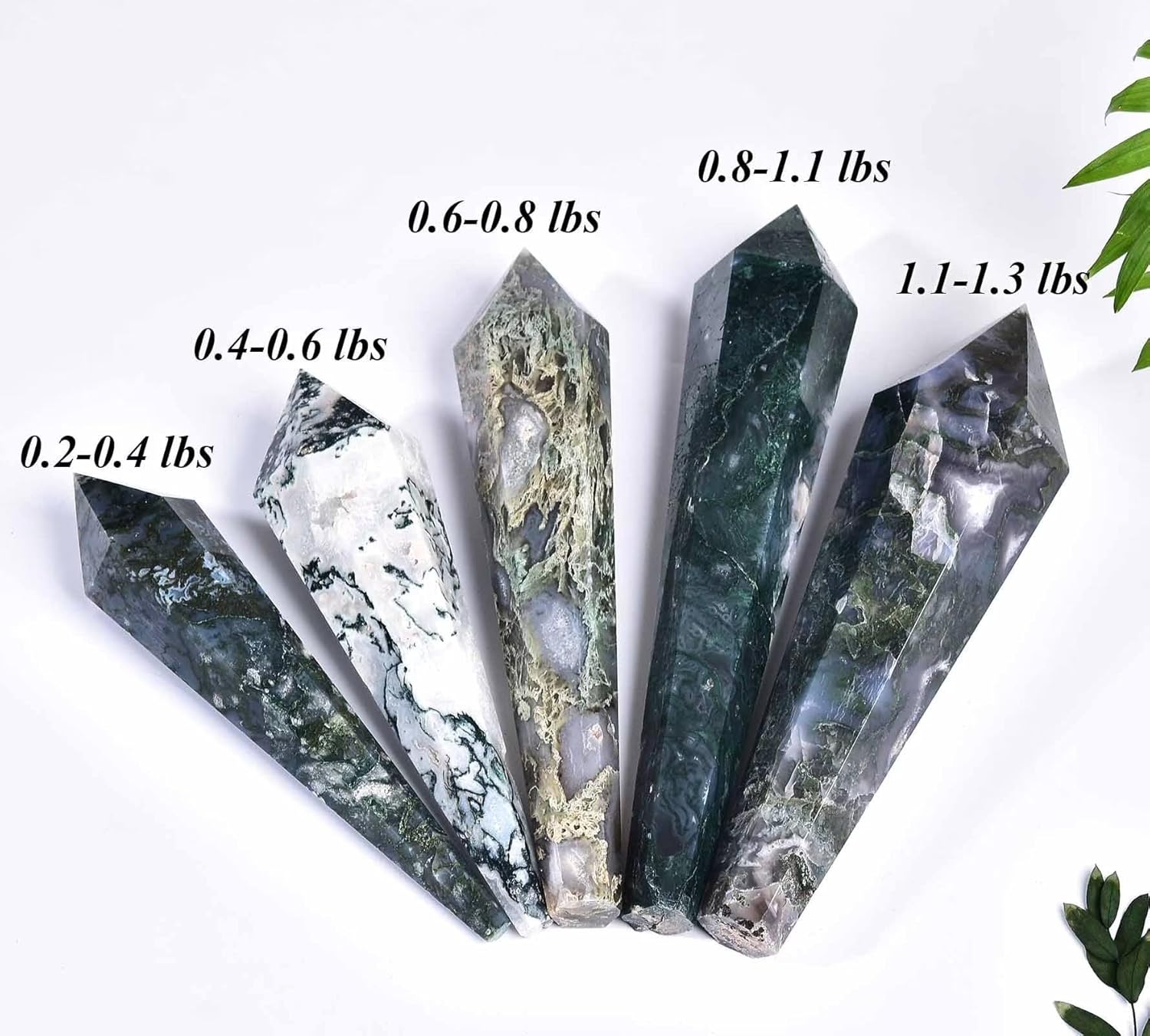 Moss Agate Wand Point Long Healing Crystal Scepter Decorative Stone Reiki Meditation with Display Stand Home Office Decor 0.6-0.8LBS