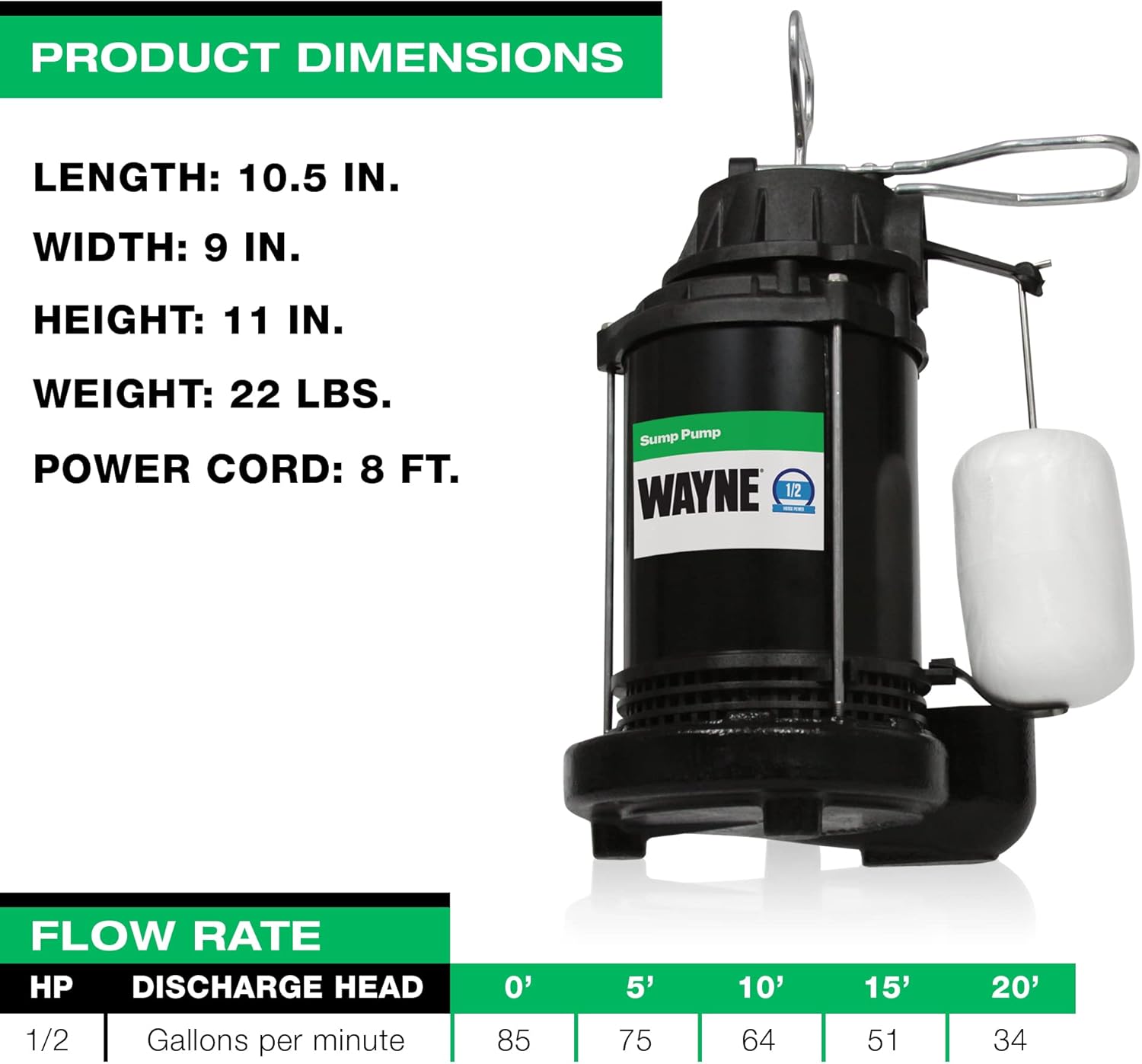 WAYNE CDU800 1/2 HP Submersible Cast Iron and Steel Sump Pump With Integrated Vertical Float Switch