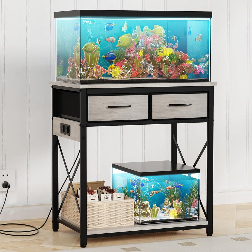 TFK 20-29-37 Gallon Fish Tank Stand with Power Outlet, Heavy Duty Metal Aquarium Stand with Two Storage Drawers for Fish Tank Accessories Storage, Perfect for Turtle Tank, Reptile Terrarium, Grey