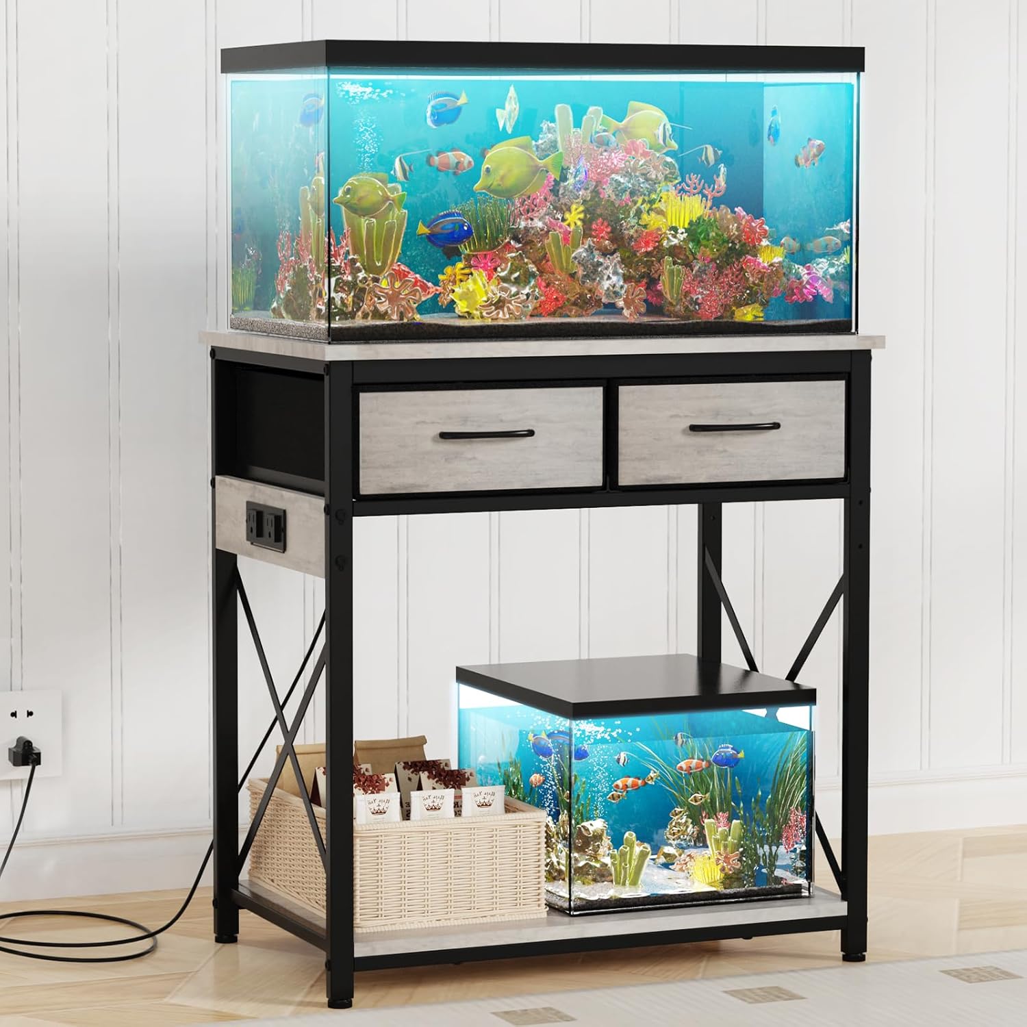TFK 20-29-37 Gallon Fish Tank Stand with Power Outlet, Heavy Duty Metal Aquarium Stand with Two Storage Drawers for Fish Tank Accessories Storage, Perfect for Turtle Tank, Reptile Terrarium, Grey