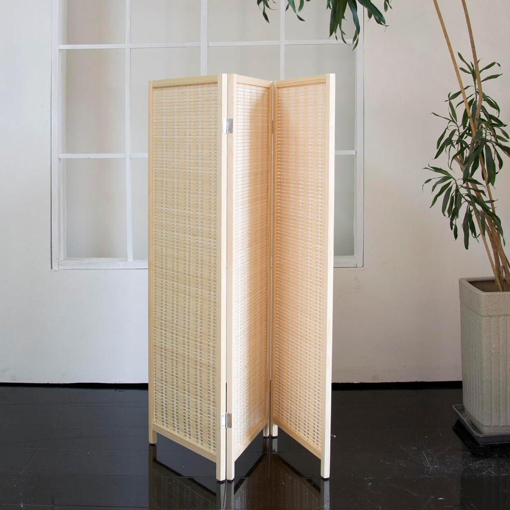 3 Panel Short Room Divider Folding Screen,47 inch Bamboo Panel Divider for Home Partition,Beige