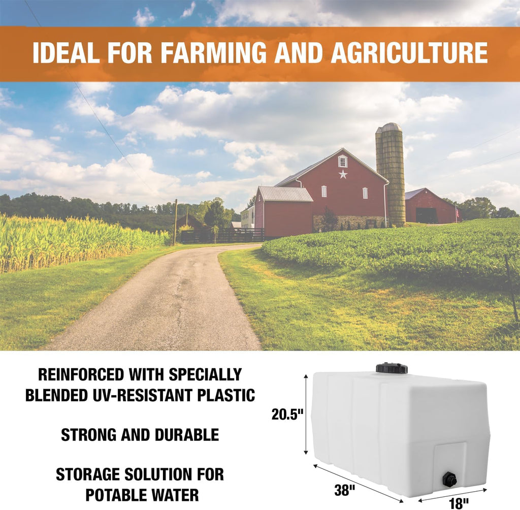 RomoTech 82123919 Horizontal Square Reservoir Water Tank, 50 Gallon, Made in USA, Natural Poly Tank for Non-Flammable Liquids, UV-Resistant, Ideal for Agricultural Use, RV Water Storage