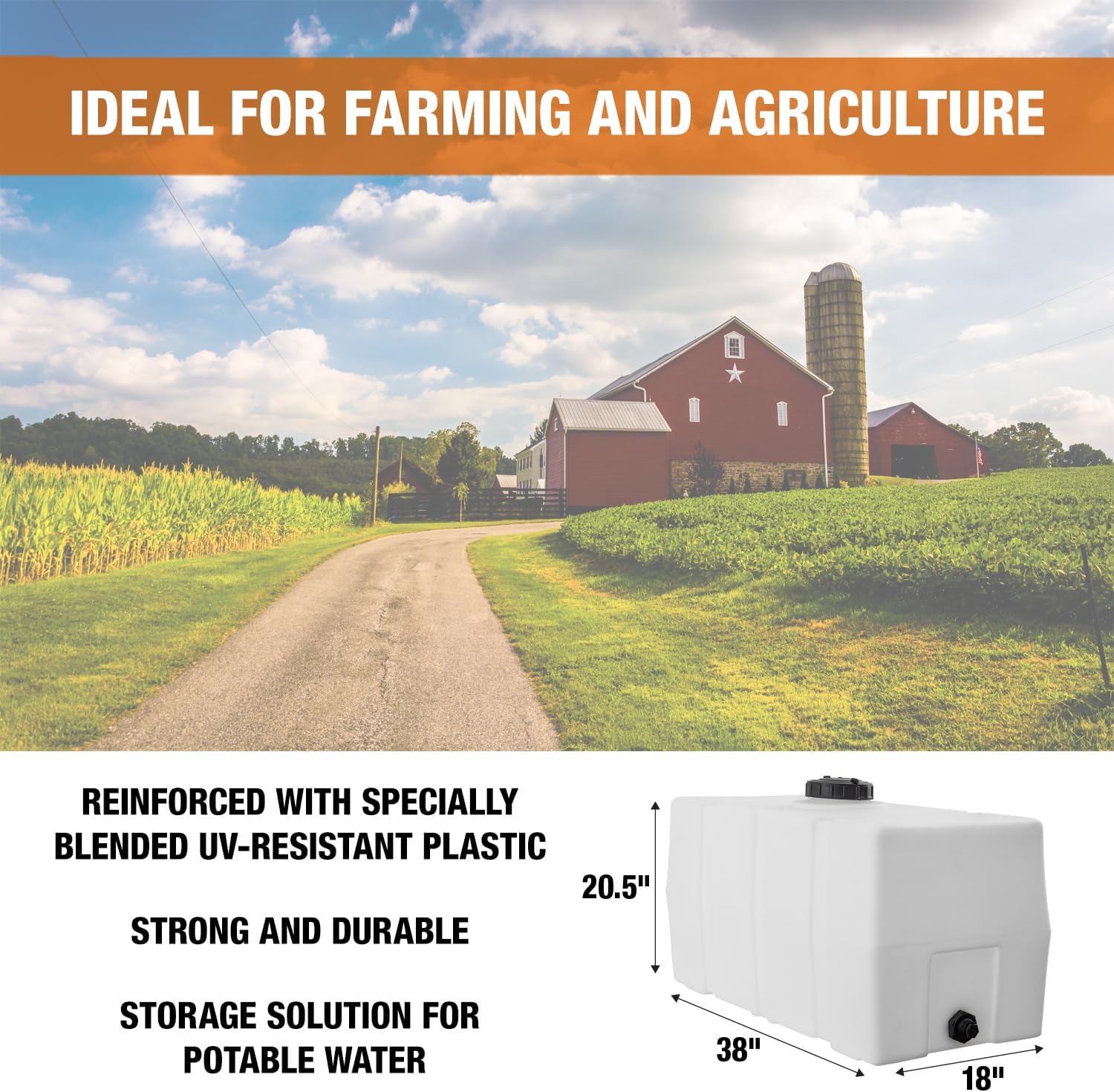 RomoTech 82123919 Horizontal Square Reservoir Water Tank, 50 Gallon, Made in USA, Natural Poly Tank for Non-Flammable Liquids, UV-Resistant, Ideal for Agricultural Use, RV Water Storage