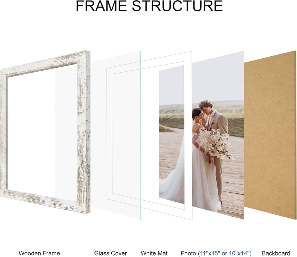 11x15 Picture Frame Set of 4, Made of Real Glass and Distressed White Frame - Display Picture 10x14 with Mat or 11x15 Without Mat, 11 by 15 Photo for Wall Mounting