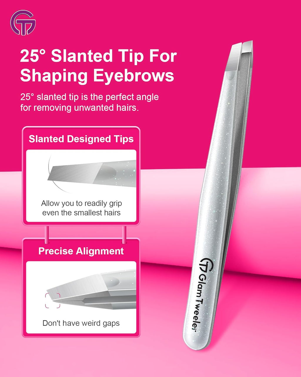 Expert Slant and Point Tip Tweezer Set with Exclusive Storage & Carrying Case, GlamTweeler Sharp & Precision Tweezer Set for Eyebrows, Facial Hairs and Fine Hairs Removal (Sparkle Silver)