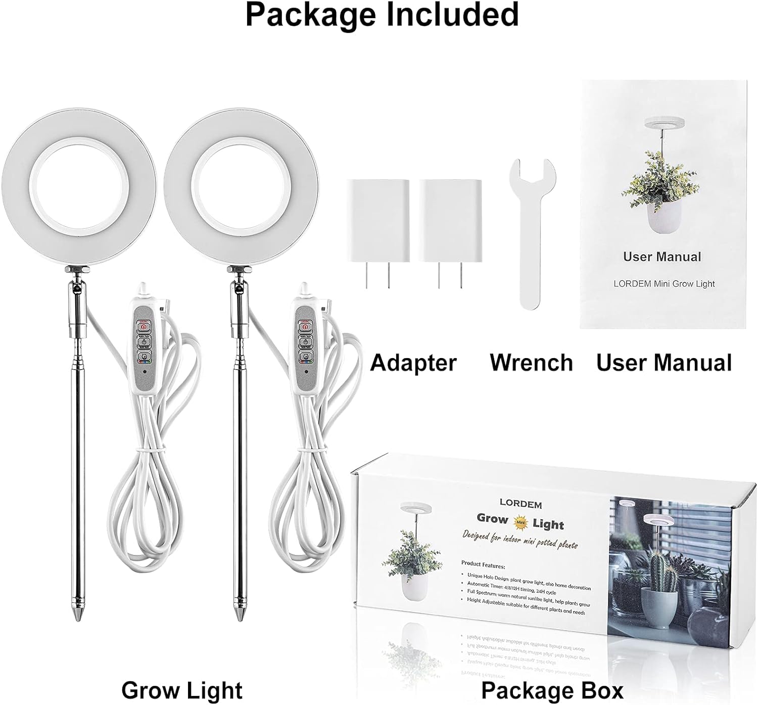LORDEM Grow Light, Full Spectrum LED Plant Light for Indoor Plants, Height Adjustable Growing Lamp with Auto On/Off Timer 4/8/12H, 4 Dimmable Brightness, Ideal for Small Plants, 2 Packs