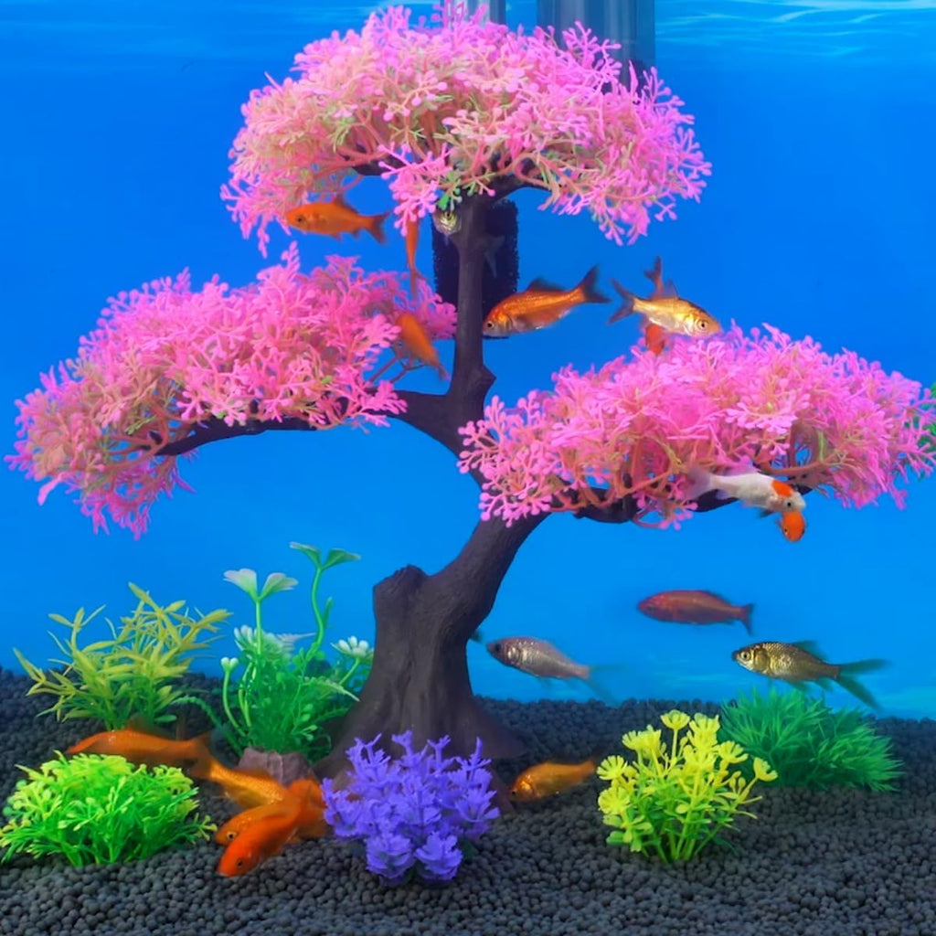 SLOCME Pink Cherry Blossom Tree Aquarium Decor Set – 10 Pcs Artificial Plastic Plants for Fish Tanks, Betta & Goldfish Hiding Accessories, Realistic & Safe Aquarium Decorations (Pink)