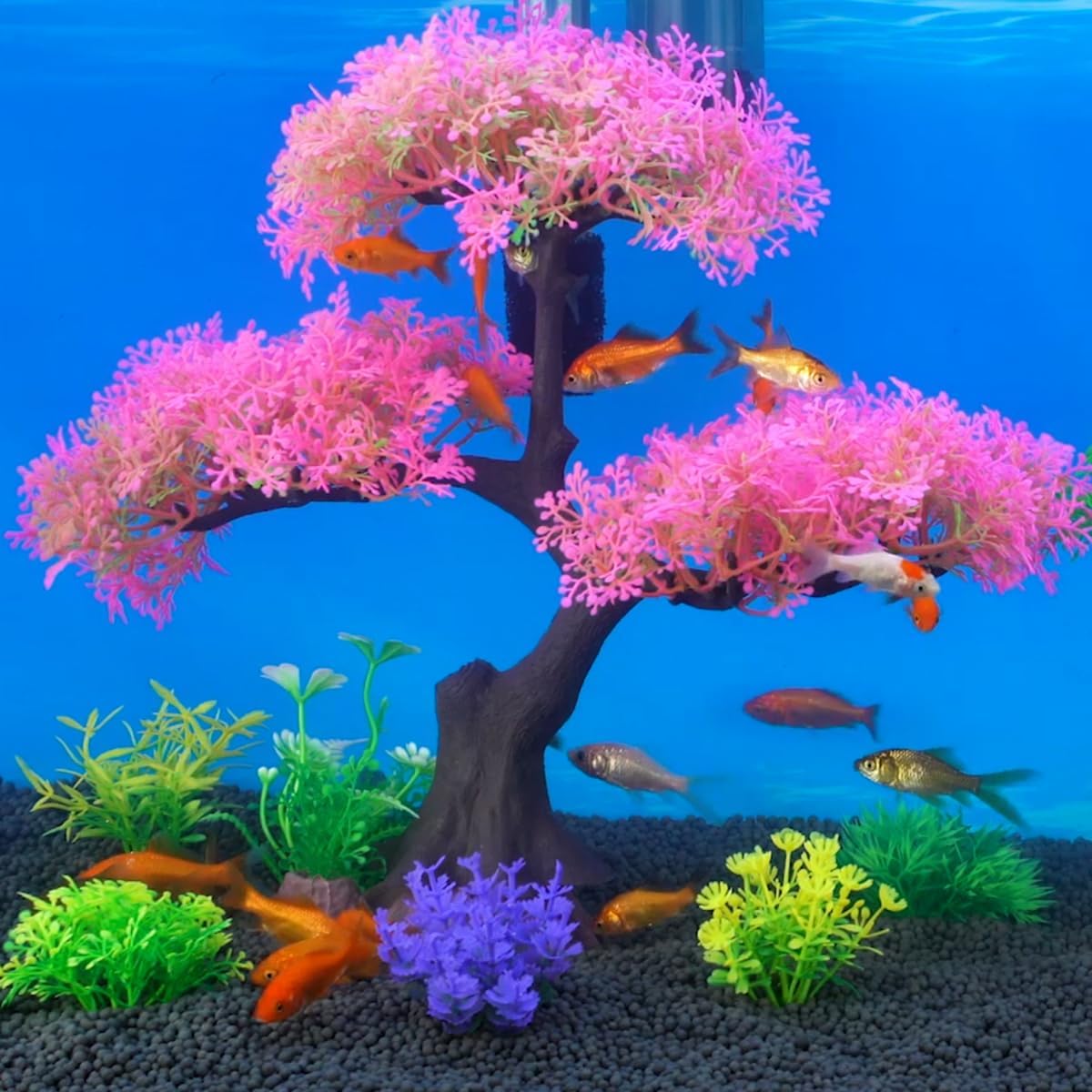SLOCME Pink Cherry Blossom Tree Aquarium Decor Set – 10 Pcs Artificial Plastic Plants for Fish Tanks, Betta & Goldfish Hiding Accessories, Realistic & Safe Aquarium Decorations (Pink)