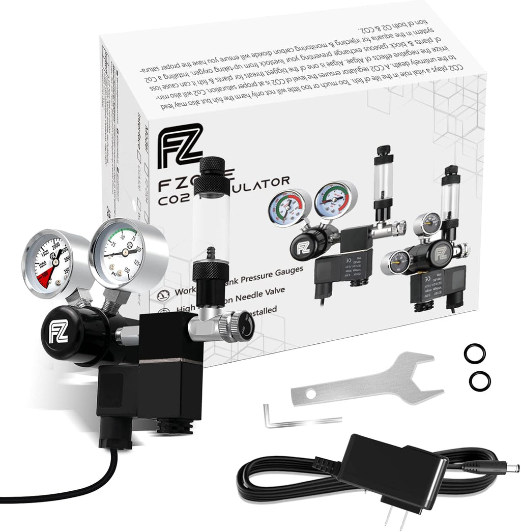 FZONE Aquarium Co2 Regulator DC Solenoid with Bubble Counter and Check Valve Plant Grow DIY CO2 System CGA320 Side Open Cylinder