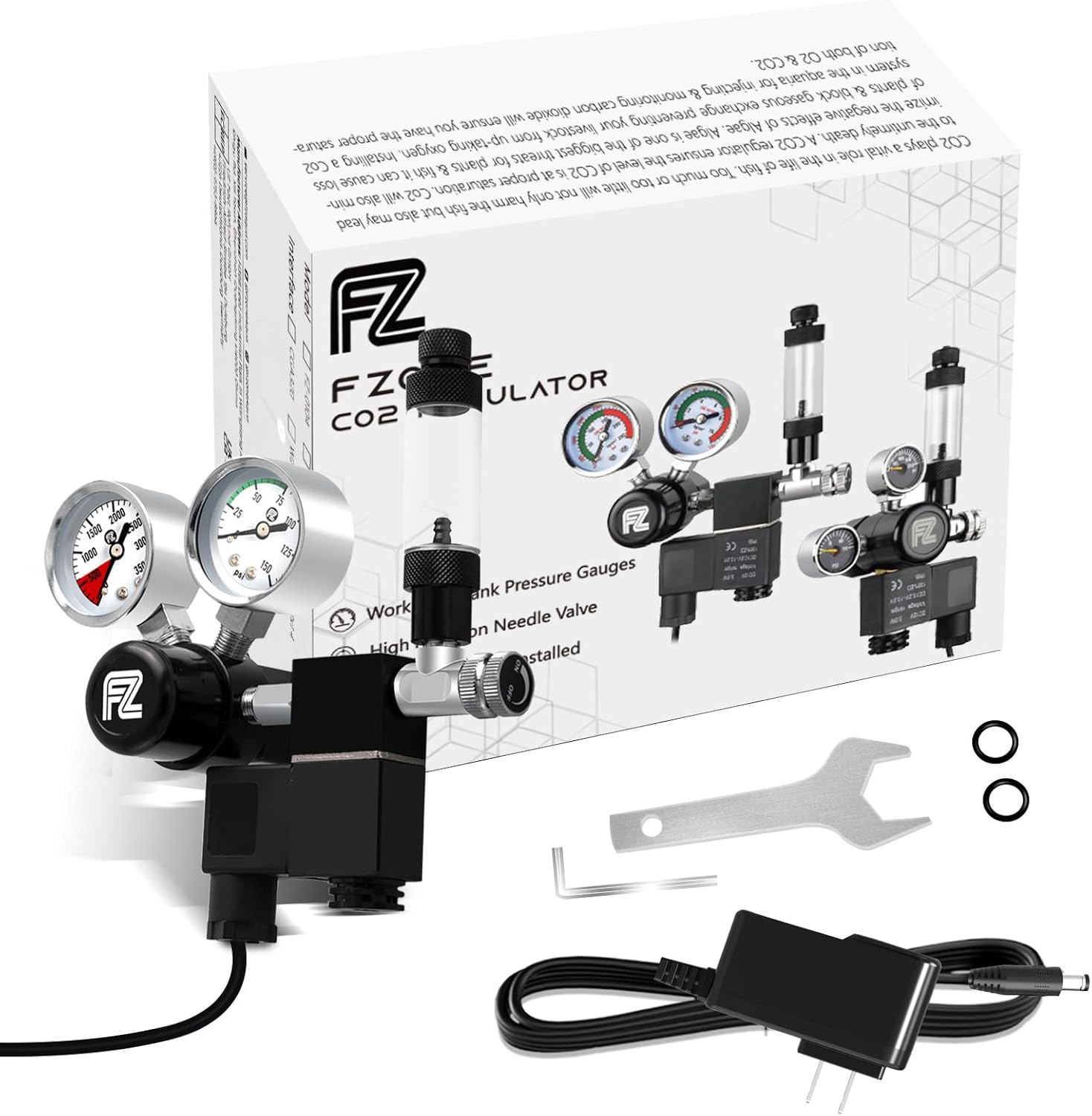 FZONE Aquarium Co2 Regulator DC Solenoid with Bubble Counter and Check Valve Plant Grow DIY CO2 System CGA320 Side Open Cylinder