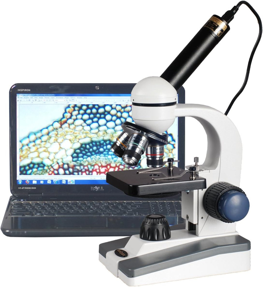 AmScope M150C-E1 40X-1000X LED Coarse & Fine Focusing Science Student Microscope with Single Lens Condenser and 3MP USB Digital Camera for Photos and Videos