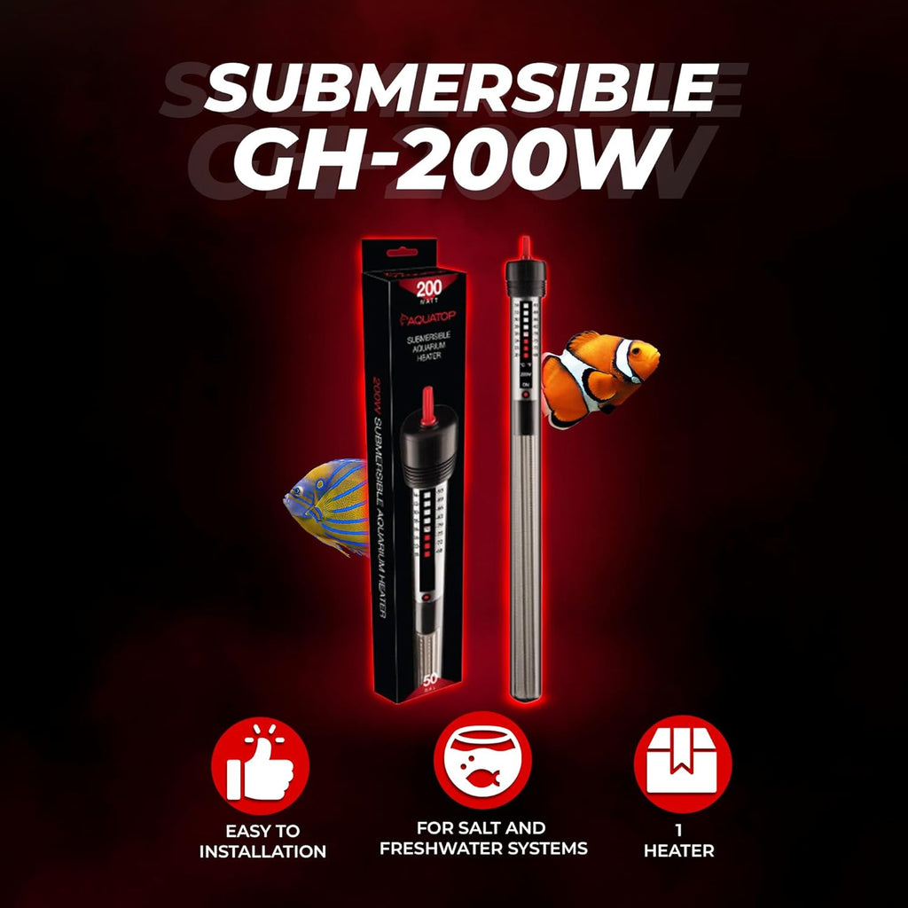 Aquatop 200W Submersible Aquarium Glass Heater – Adjustable Temperature for Tanks Up to 50 Gallons, Freshwater & Saltwater Use, GH-200
