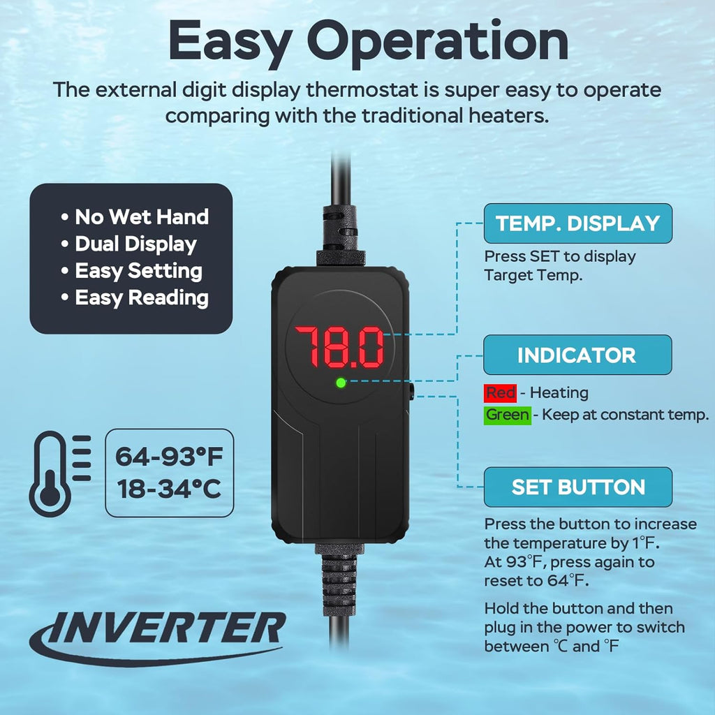 AquaMiracle Fish Tank Heater Turtle Tank Heater with Protective Housing, Adjustable Aquarium Heater with LED Digital Display Thermostat, for Aquariums 10-20 Gal(100W)