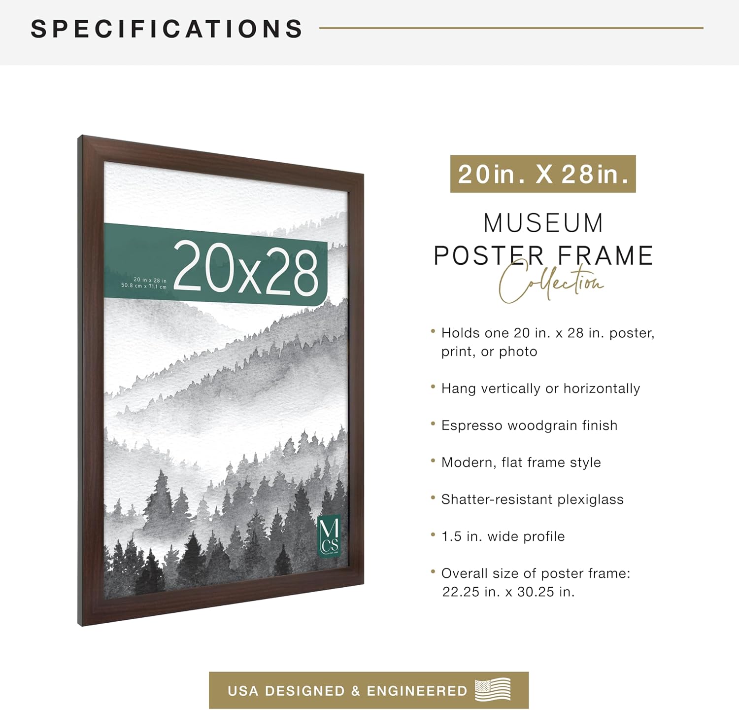 MCS Museum Poster Frame 20x28 Espresso Woodgrain, Vertical & Horizontal Wall Hanging Large Picture Frame for Photos, Posters & Art Prints (1-Pack)