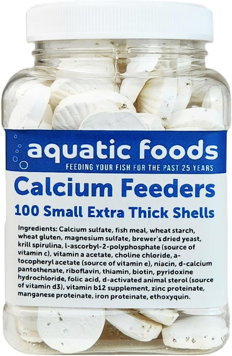 Aquatic Foods Inc. Calcium Enriched Food Shells, Small Extra Thick Shells for Shrimp, Snails, Crabs, Crayfish, Hermit Crabs Plecos, Catfish, Bottom Fish, All Tropical Fish.…100 Count Jar
