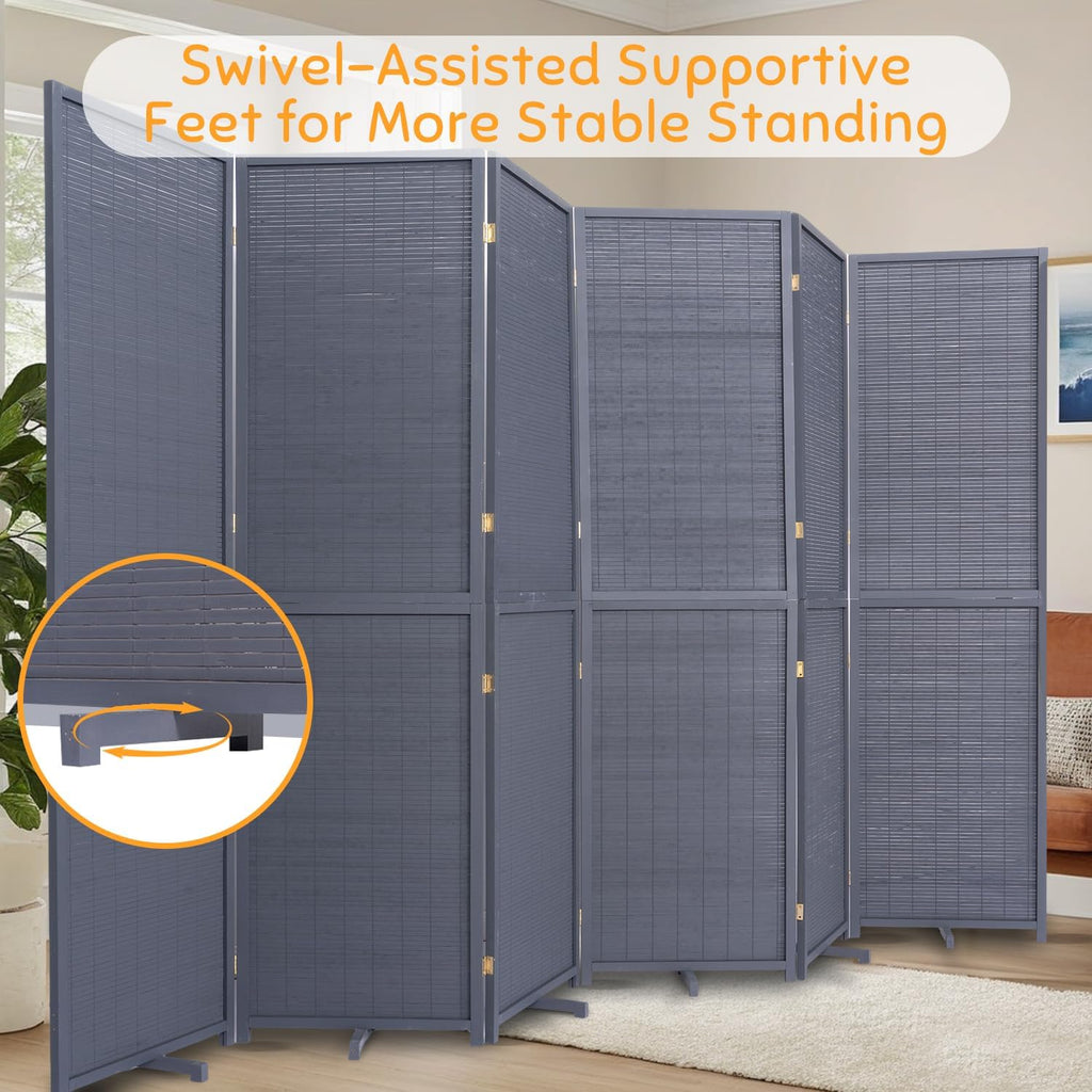 Bamboo Room Divider Folding Privacy Screens, Wall Divider for Room Separation, Portable Room Partitions and Dividers, 5.6FT Bamboo Mesh Woven Room Divider Panel (Grey, 6 Panel)
